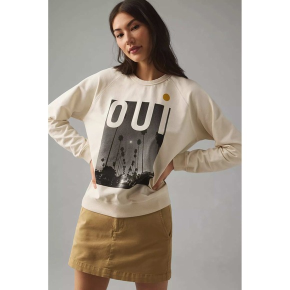 Clare V. Tops - Clare V. Cotton Oui Palm Tree Graphic Crew Neck Sweatshirt Cream Women's Size S